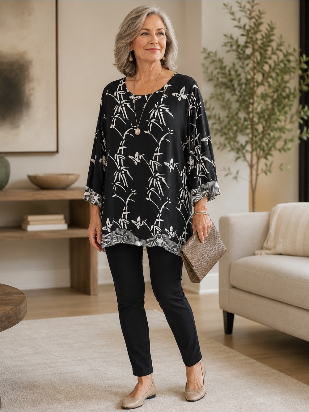 Soft Surroundings Black White Bamboo Print Rayon Tunic Top L